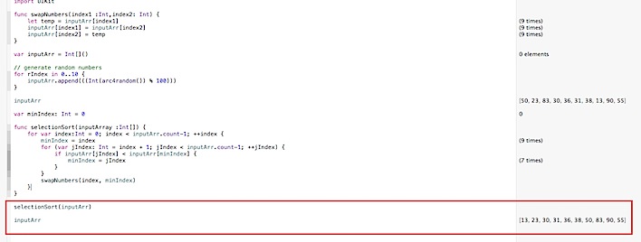 Selection Sort algorithm in Swift 