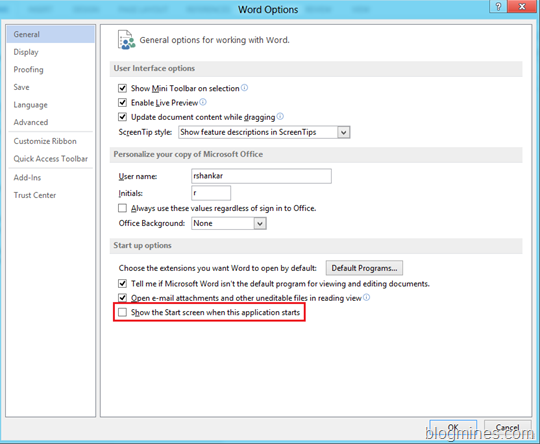 Word 2013 startup options