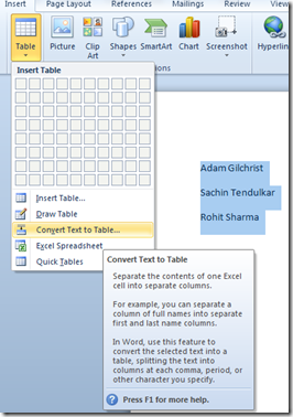 Convert text to table to Word 2010 and Word 2013