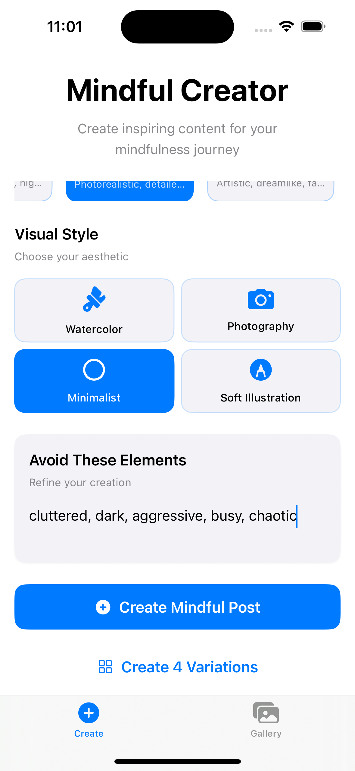 Mindful Creator style selection