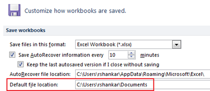 Change file location excel 2010