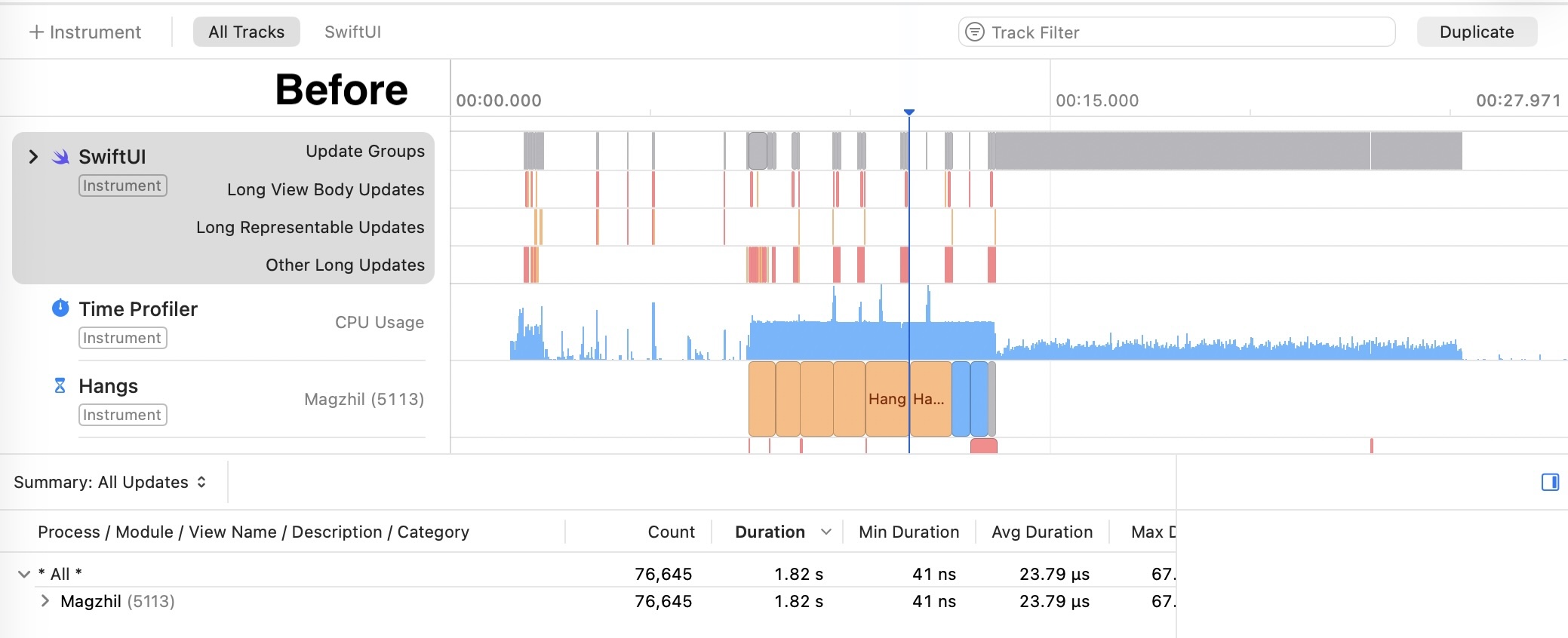 Before - Instruments showing hangs and excessive SwiftUI updates